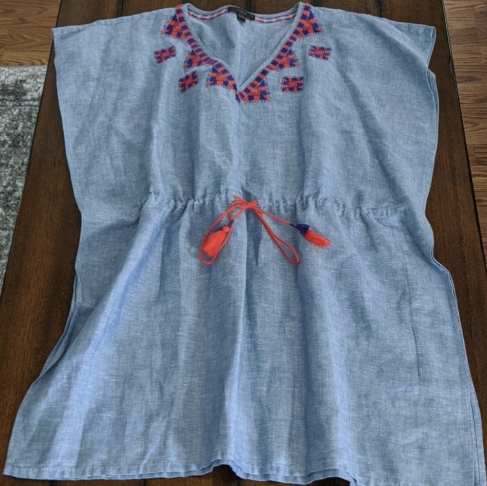 J. CREW Blue Chambray Linen Embroidered Tassel Swim Coverup Dress NWOT